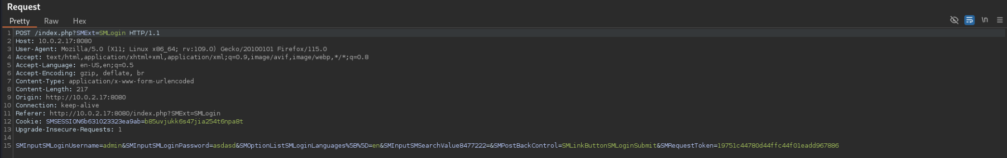 Petición de inicio de sesión en Burpsuite